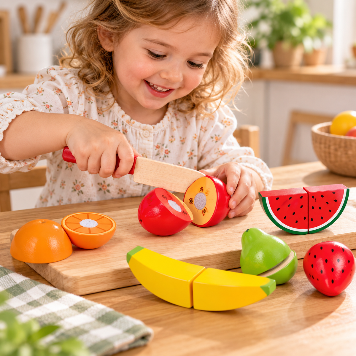 Hape: Fruit Set - 7pc, Wooden Food Play Set, Knife & Velcro Stick Together Fruit Pieces, Cut In Half, Kitchen Pretend Play, Realistic Toy, Kids Age 3+
