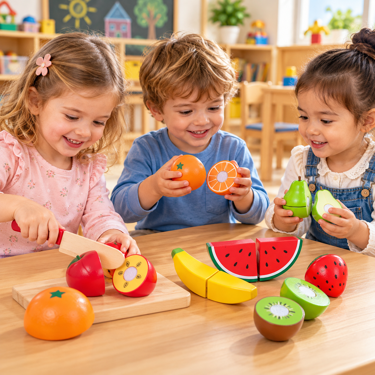 Hape: Fruit Set - 7pc, Wooden Food Play Set, Knife & Velcro Stick Together Fruit Pieces, Cut In Half, Kitchen Pretend Play, Realistic Toy, Kids Age 3+