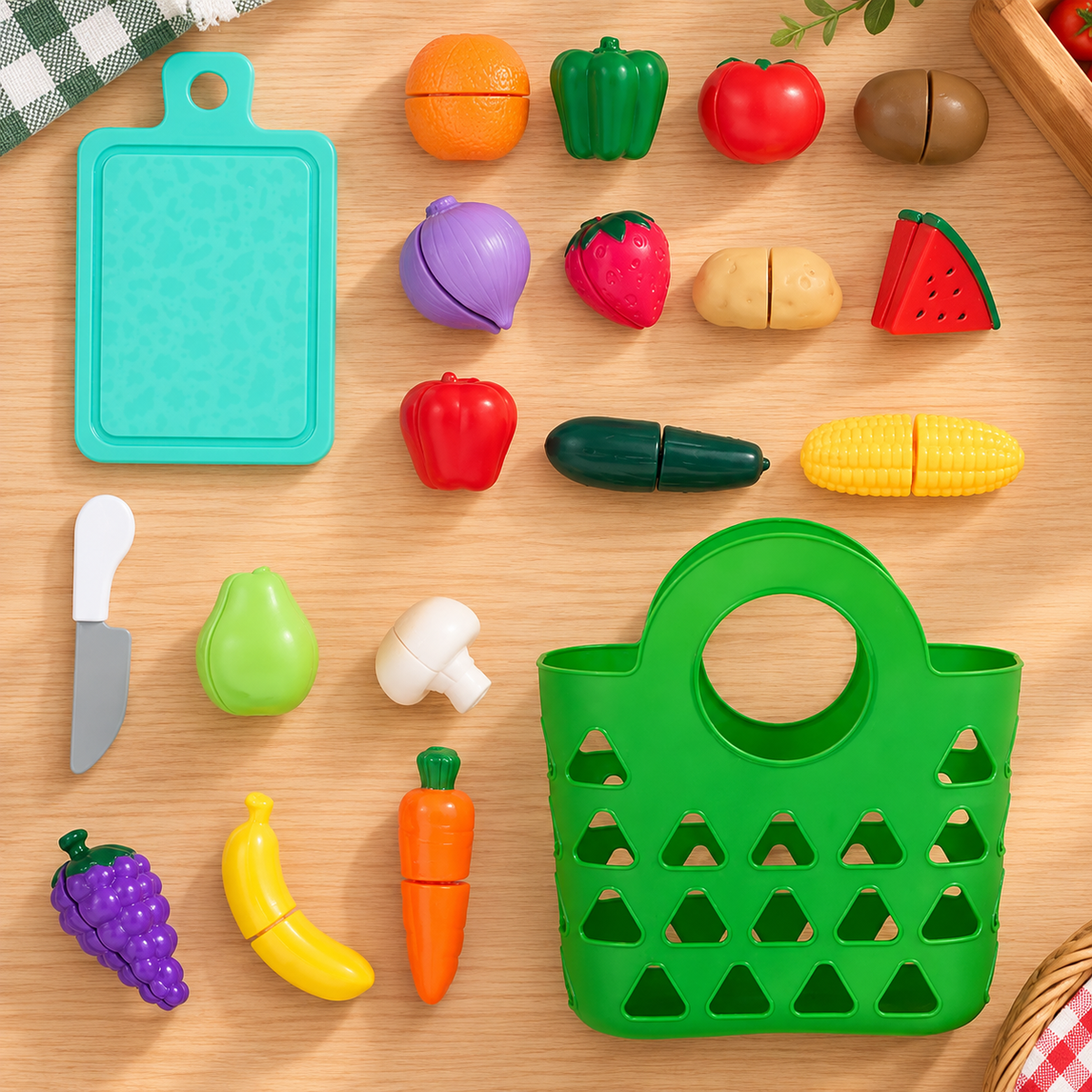 Battat Market Chop & Prep Plastic Set with Multicolor Play Food Board and Knife, Toddler and Preschool Toys