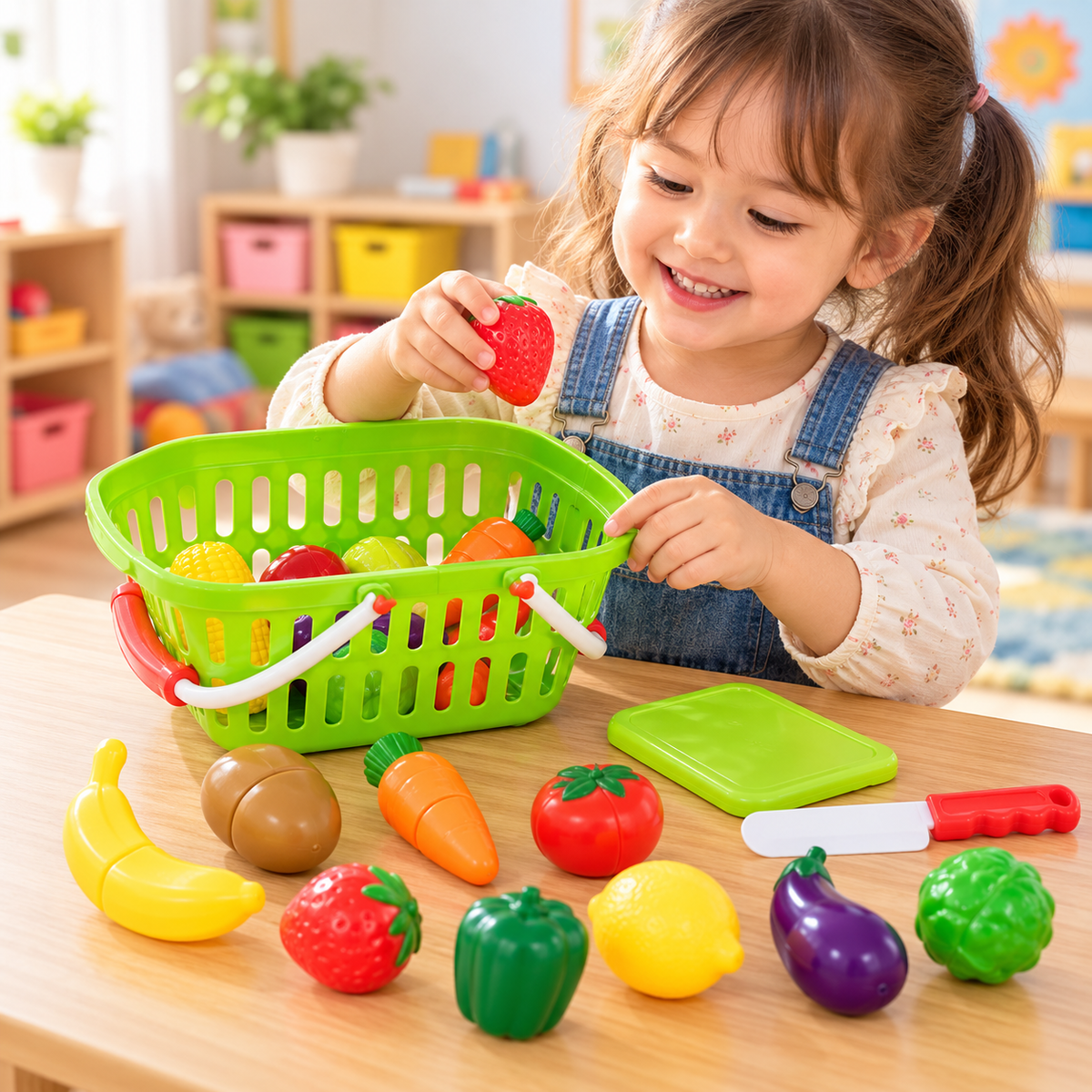Mundo Toys Pretend Play Cutting Fruit and Vegetable Food Set with Basket for Kids